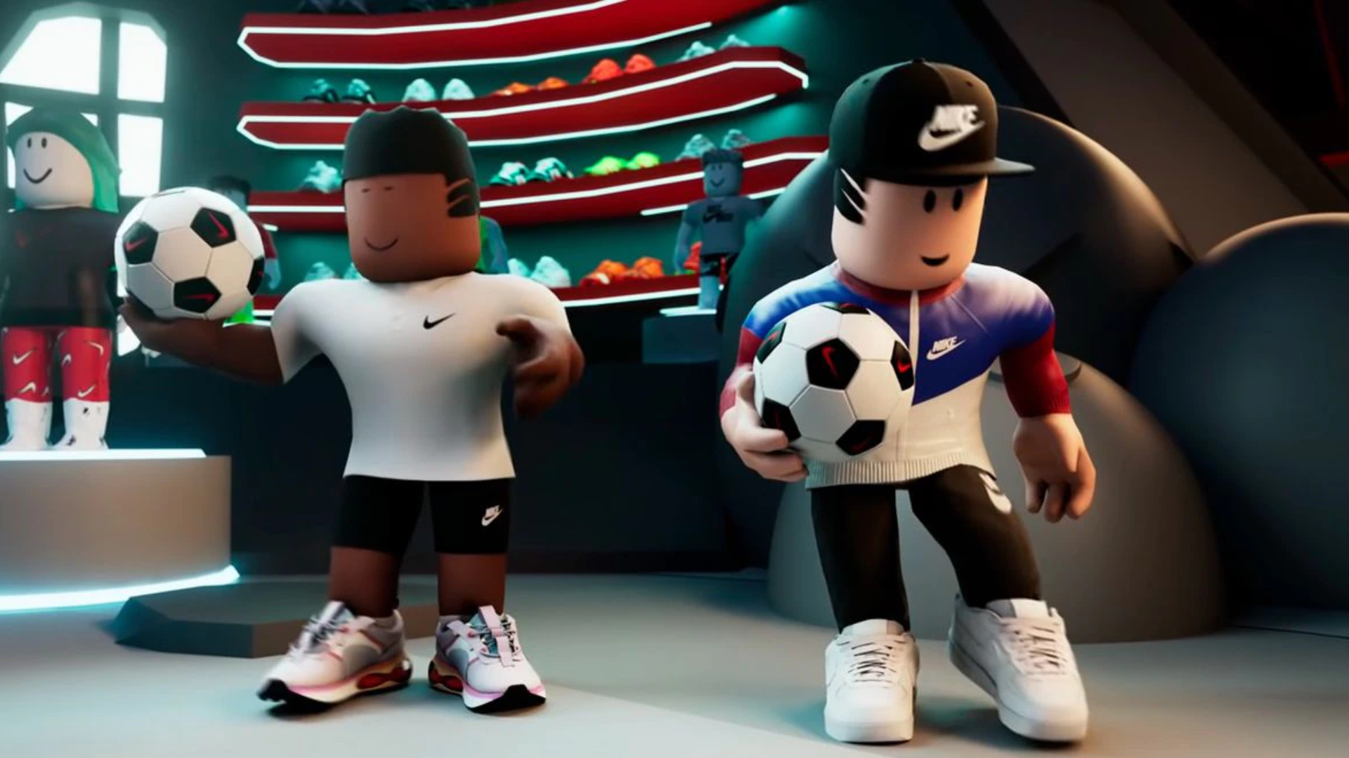 Avatares virtuales vistiendo ropa de nike exclusiva del metaverso nikeland en roblox