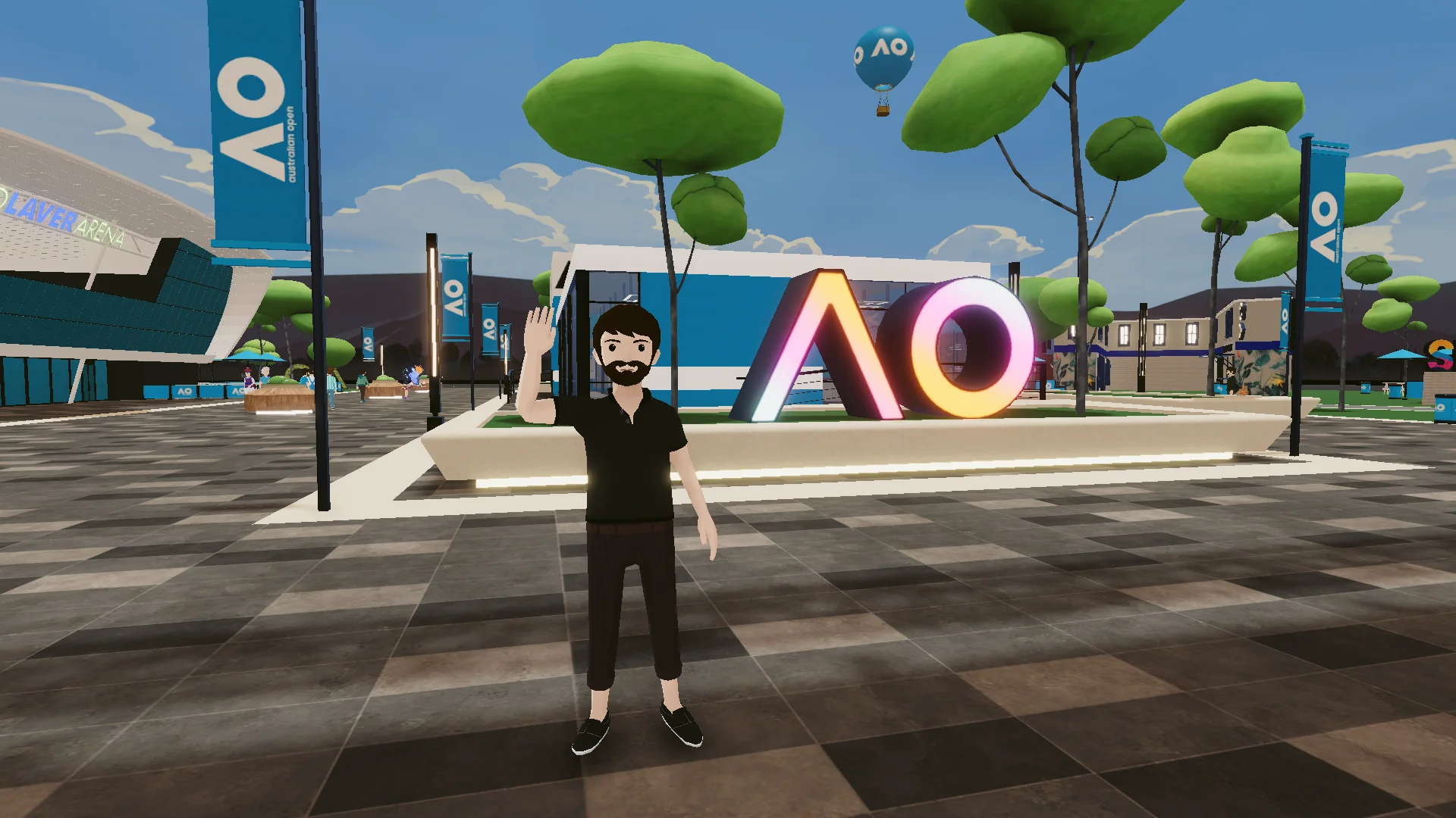 Avatar en el metaverso Decentraland disfrutando del open de Australia de tenis