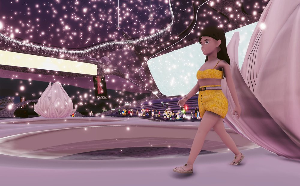 Avatares virtuales desfilando en la semana de la moda dentro del entorno virtual de Decentraland