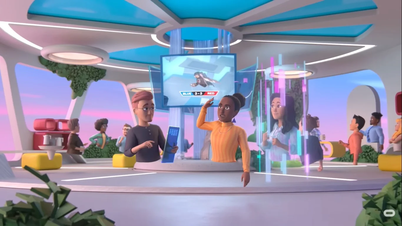 Entorno virtual del metaverso de facebook con avatares virtuales interactuando