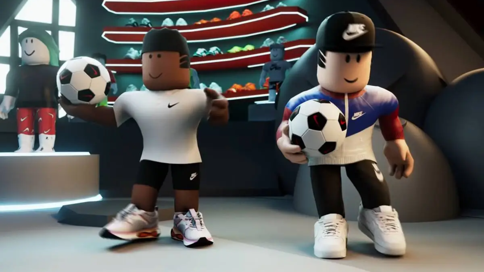 Avatares virtuales vestidos con prendas de Nike en el metaverso de Roblox