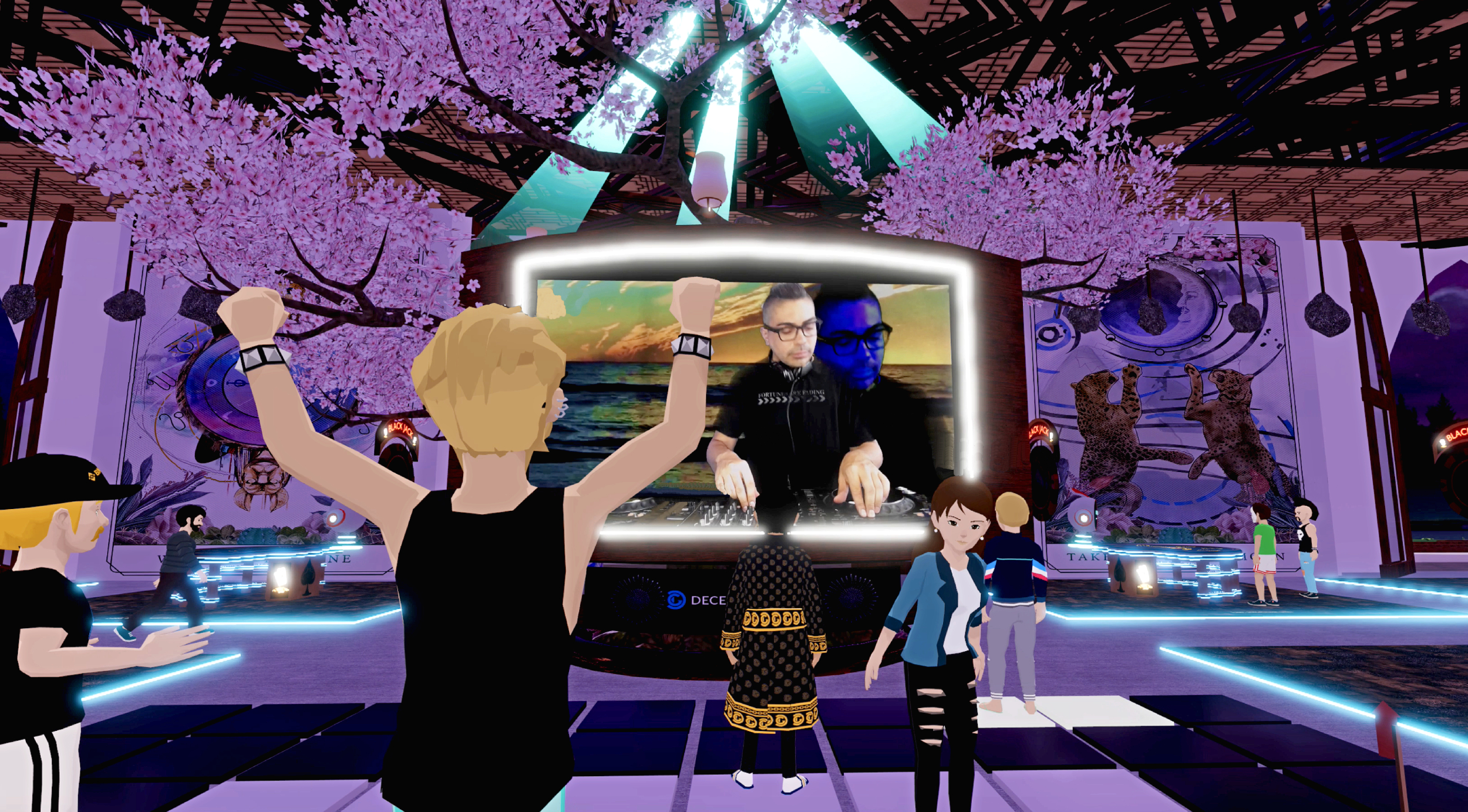 Virtual avatar party at amnesia ibiza virtual disco at Decentraland
