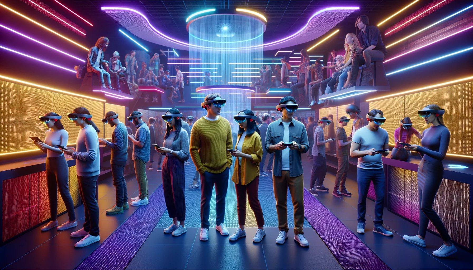 Personas utilizando gafas de Realidad Mixta Hololens 2 en una zona de entretenimiento