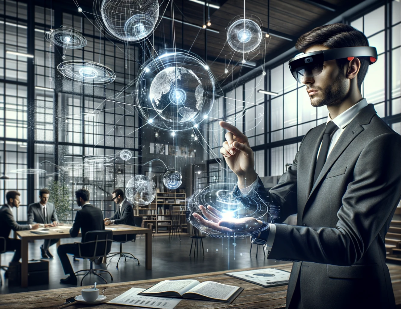 Dos personas usando gafas de Realidad Mixta en la oficina de su ámbito laboral