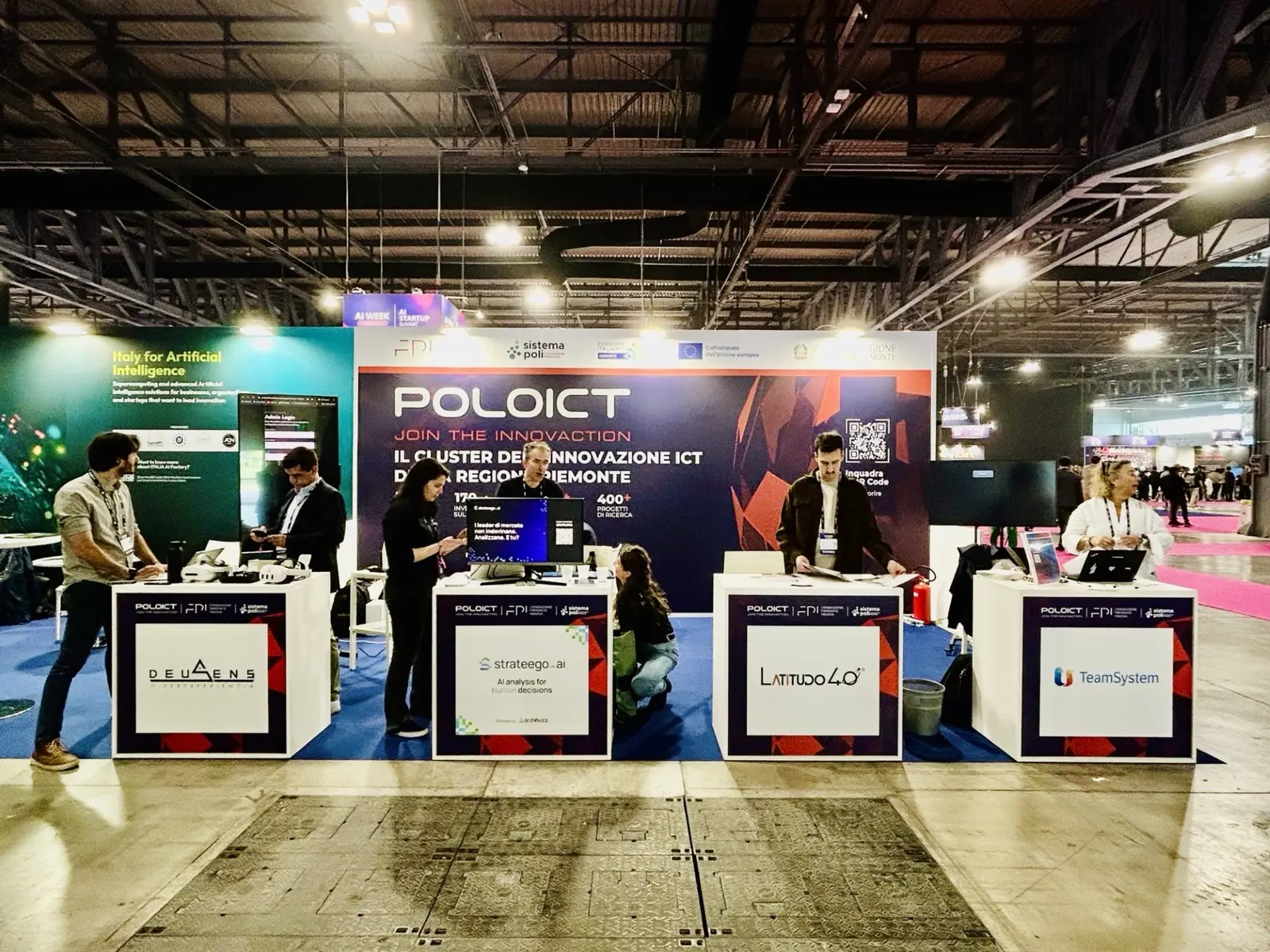 Polo di Innovazione ICT collective booth at AI Week 2026 with DeuSens, Strateego, Latitudo 40 and TeamSystem