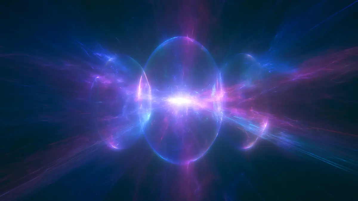 Three glowing blue and violet spheres merging, representing the convergence of robotics, AI, and XR