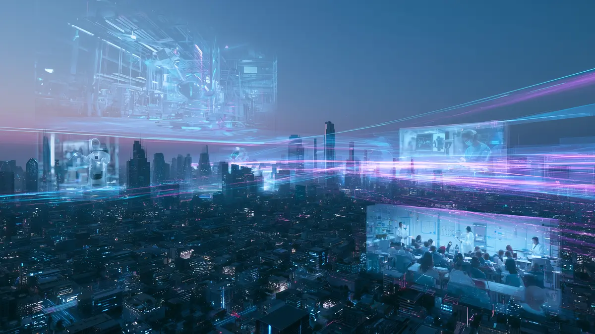 Futuristic city skyline with holographic screens showing robots, hospitals, and classrooms connected