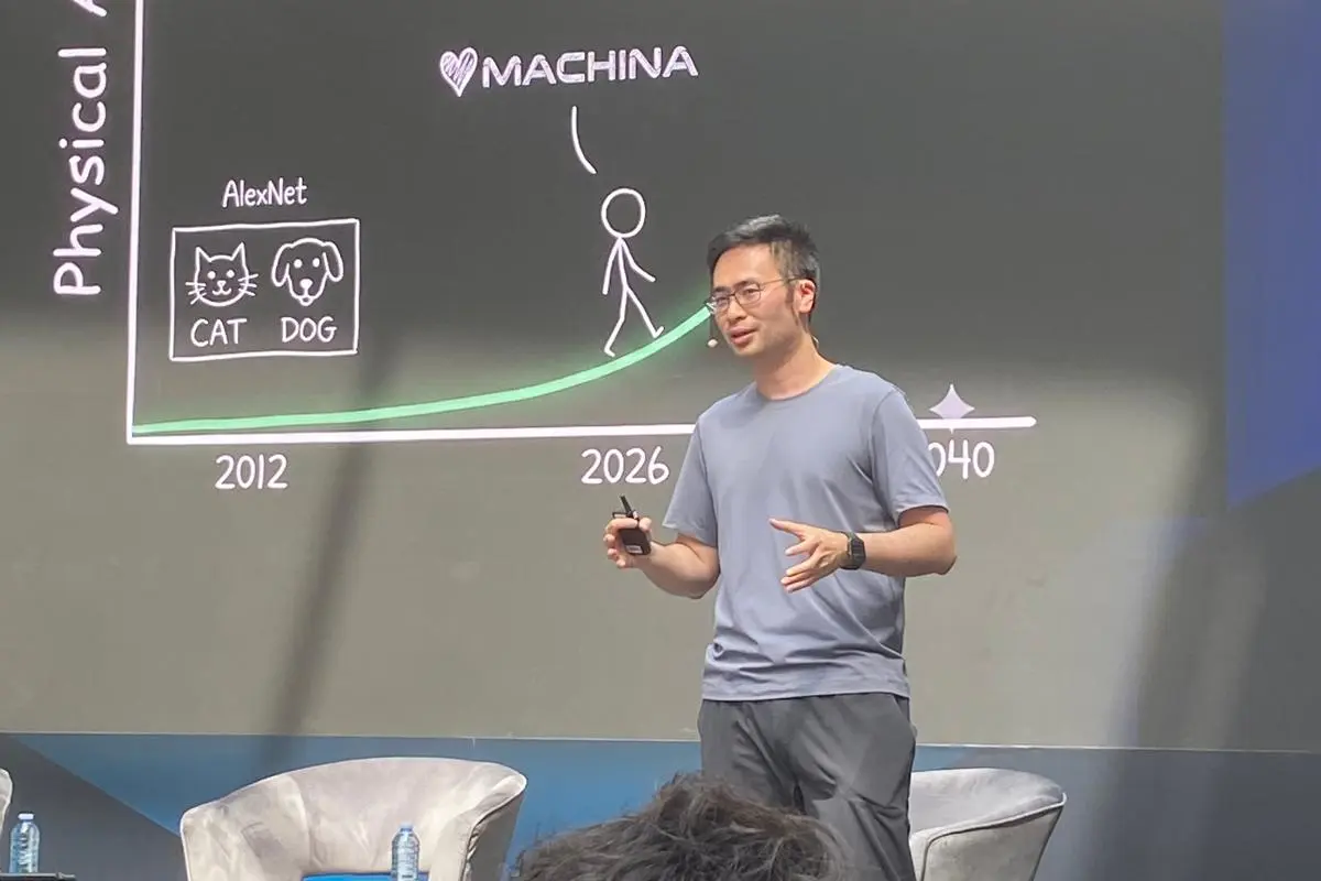 Jim Fan from NVIDIA presenting the Physical AI curve 2012-2026-2040 at MACHINA Summit