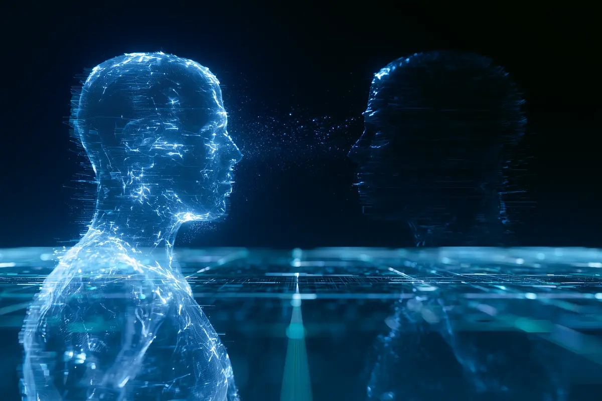 Abstract visualization of a humanoid robot digital twin