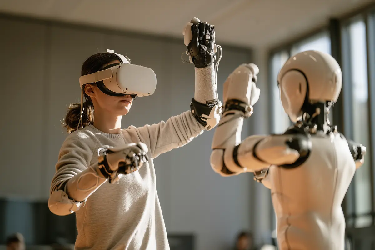 Person wearing a VR headset and haptic gloves training alongside a humanoid robot mirroring the movement