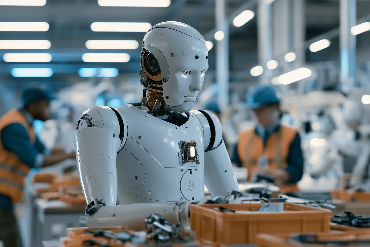 Humanoid robot working alongside workers on an industrial factory floor