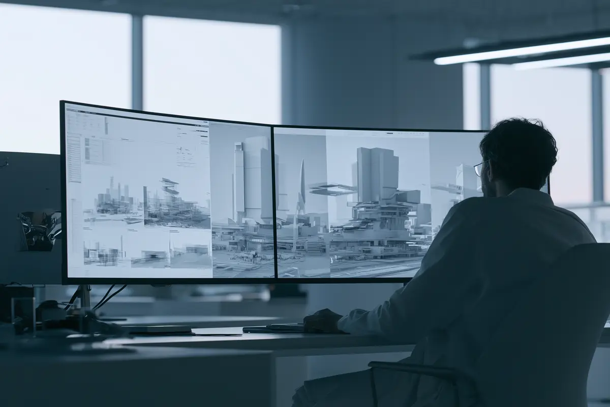 Architect reviewing AI-generated design variants on a widescreen display in a modern architecture studio