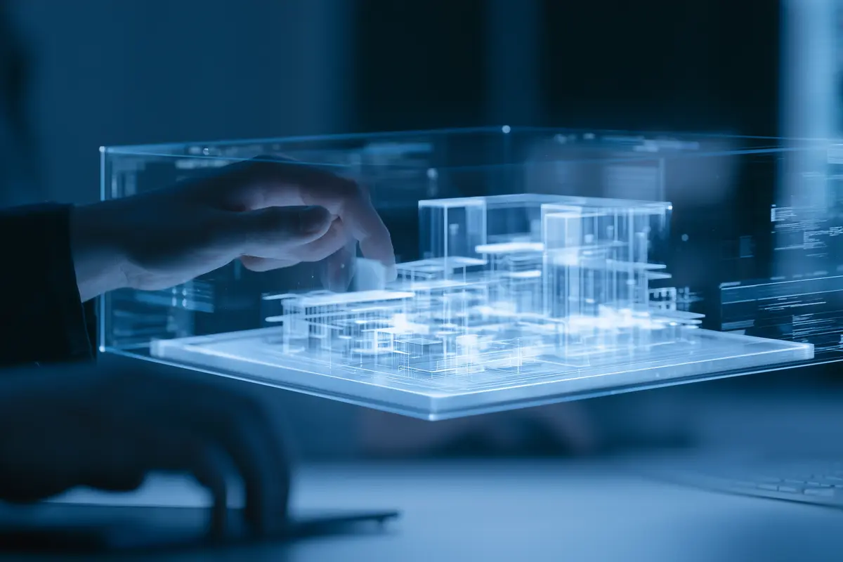 Architect reviewing AI-generated designs on screen alongside 3D BIM model of the building