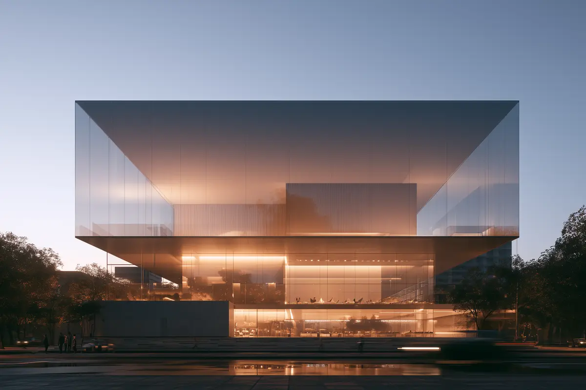 AI-generated photorealistic renders of a contemporary architecture building in an urban setting