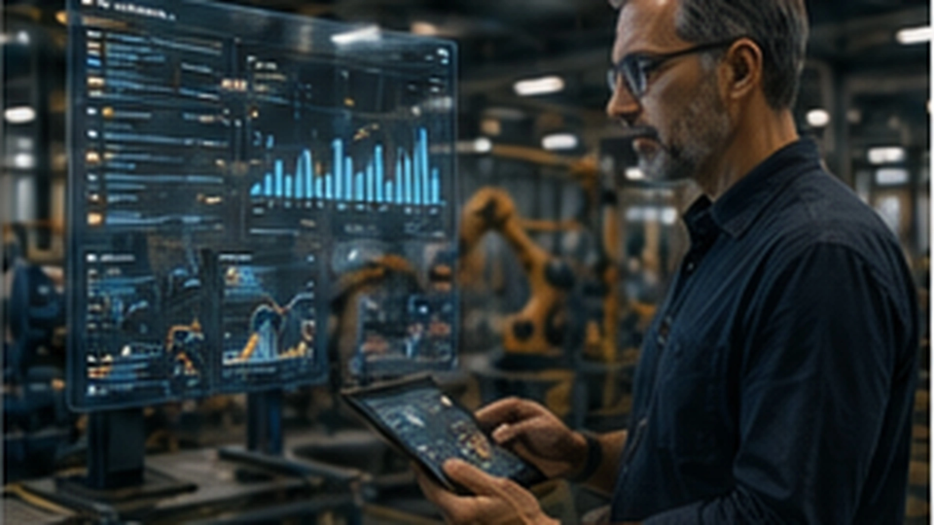 Ingegnere industriale che supervisiona una linea di produzione con analisi in tempo reale di Intelligenza Artificiale sui dati dei sensori.