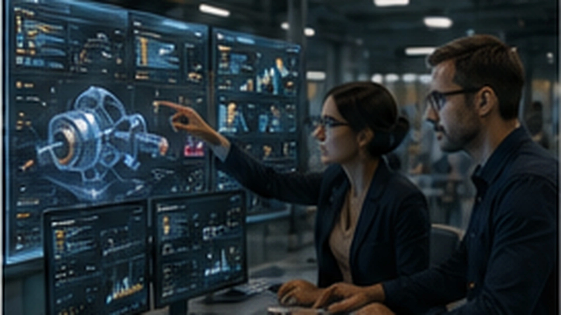 Team di ingegneria che supervisiona un pannello di controllo con allarmi e previsioni generati da Intelligenza Artificiale.