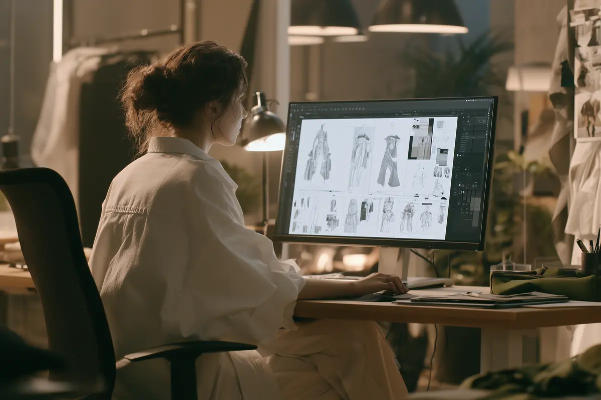 Fashion designer working with AI generative design software reviewing automatic sketches on screen