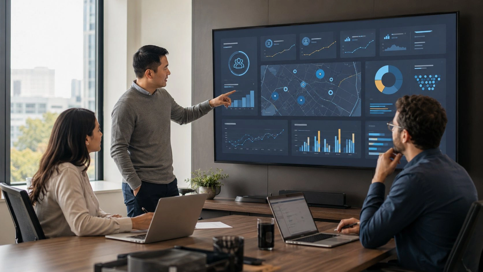 Team marketing che analizza un dashboard con metriche di personalizzazione e previsione della domanda generate da Intelligenza Artificiale.