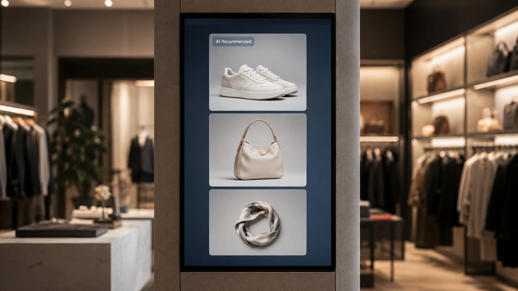 Schermo in un negozio fisico che mostra raccomandazioni personalizzate generate da Intelligenza Artificiale a partire dal comportamento del cliente.