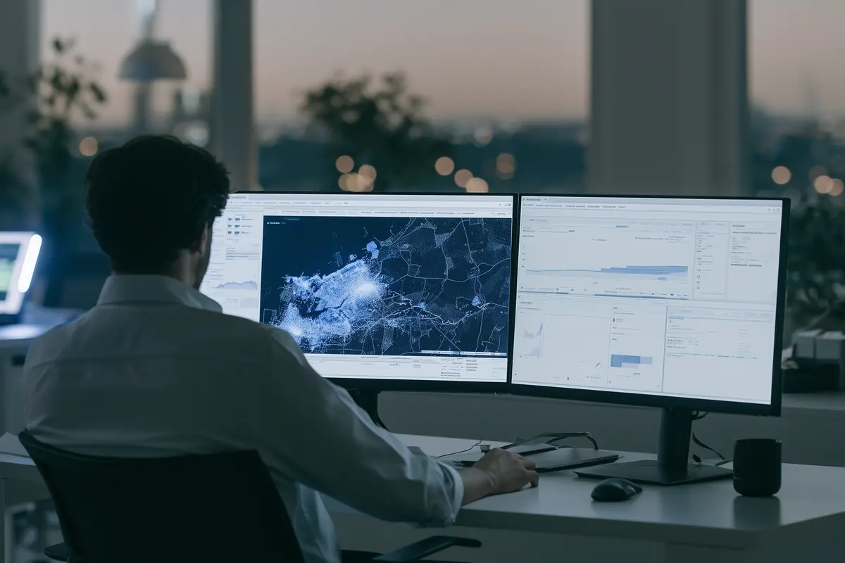 Telecom engineer monitoring an AI-powered network management dashboard on dual screens with topology map