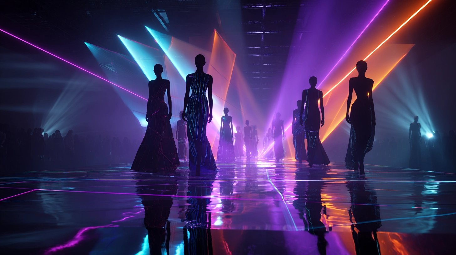 Avatar de usuario recorriendo una tienda virtual de moda en el Metaverso, probando ropa digital mediante interfaces holográficas.