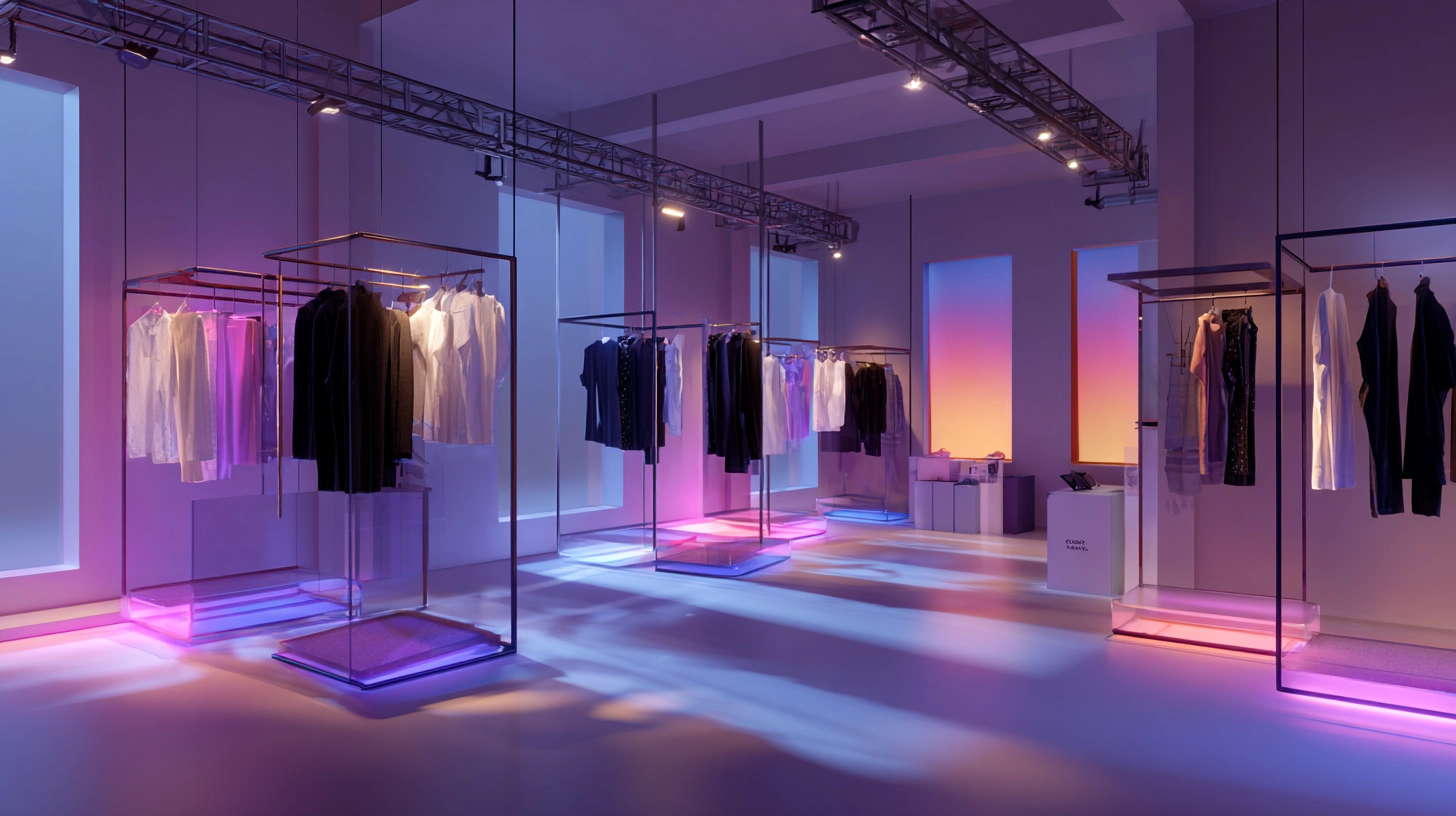 Showroom de moda en 3D dentro del Metaverso, con prendas flotantes e interfaces interactivas en un entorno digital minimalista.