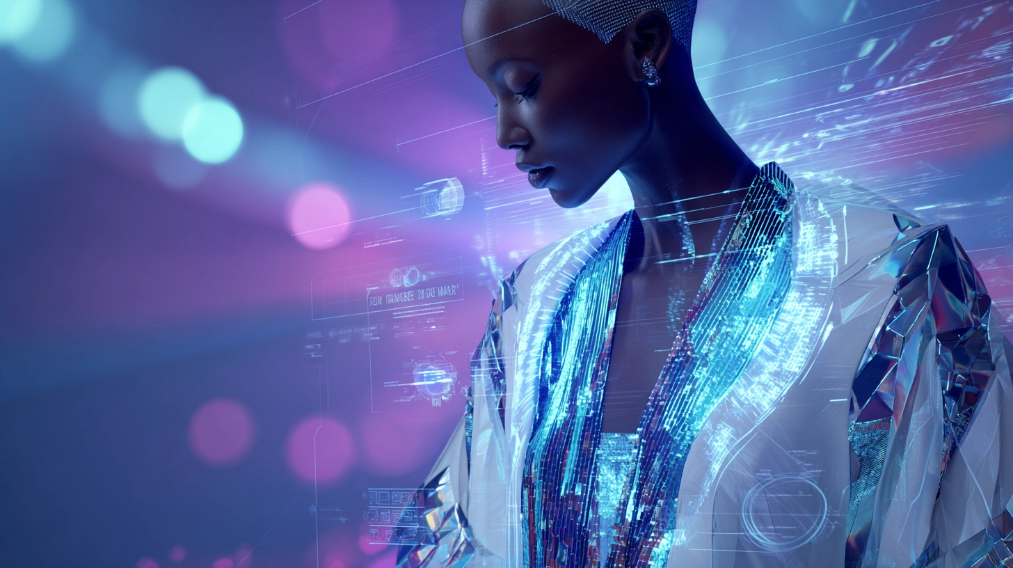 Prenda de moda digital flotando sobre un avatar en un entorno virtual, con opciones de personalizaci&oacute;n visibles.