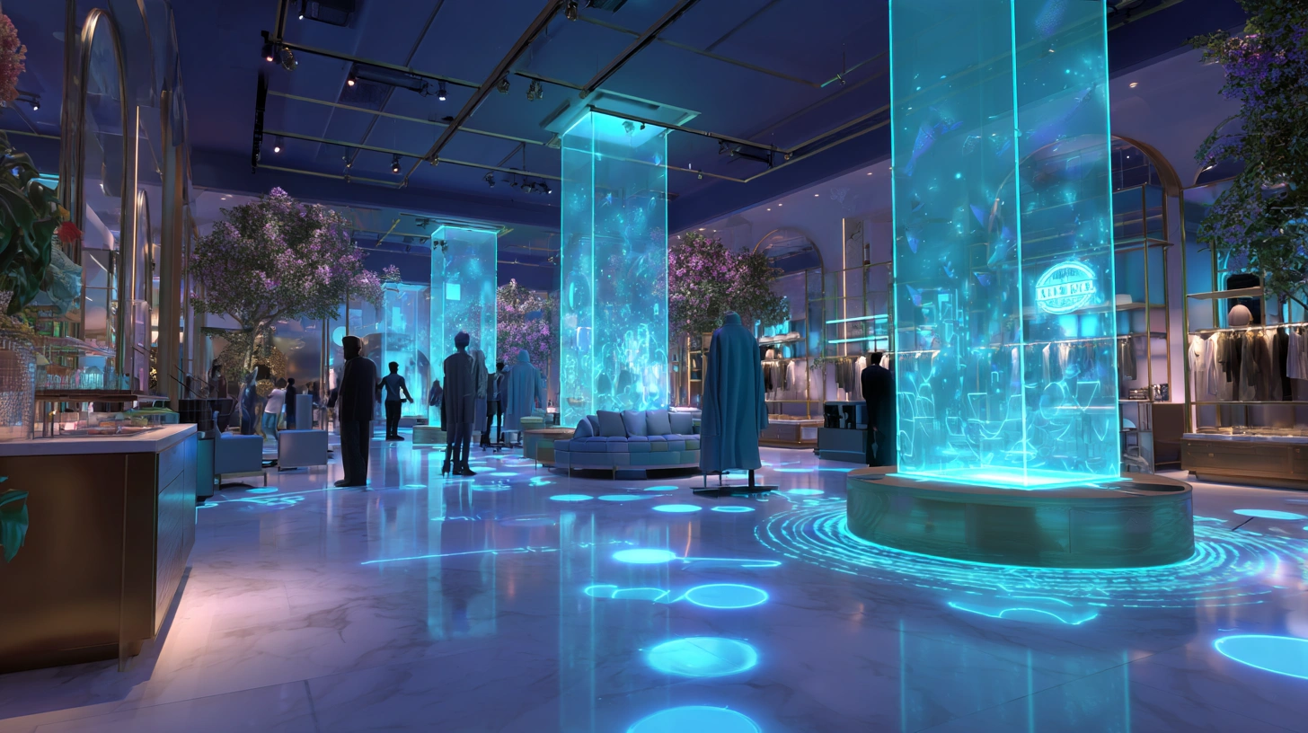 Evento promocional en una tienda del Metaverso con avatares explorando productos y elementos interactivos.