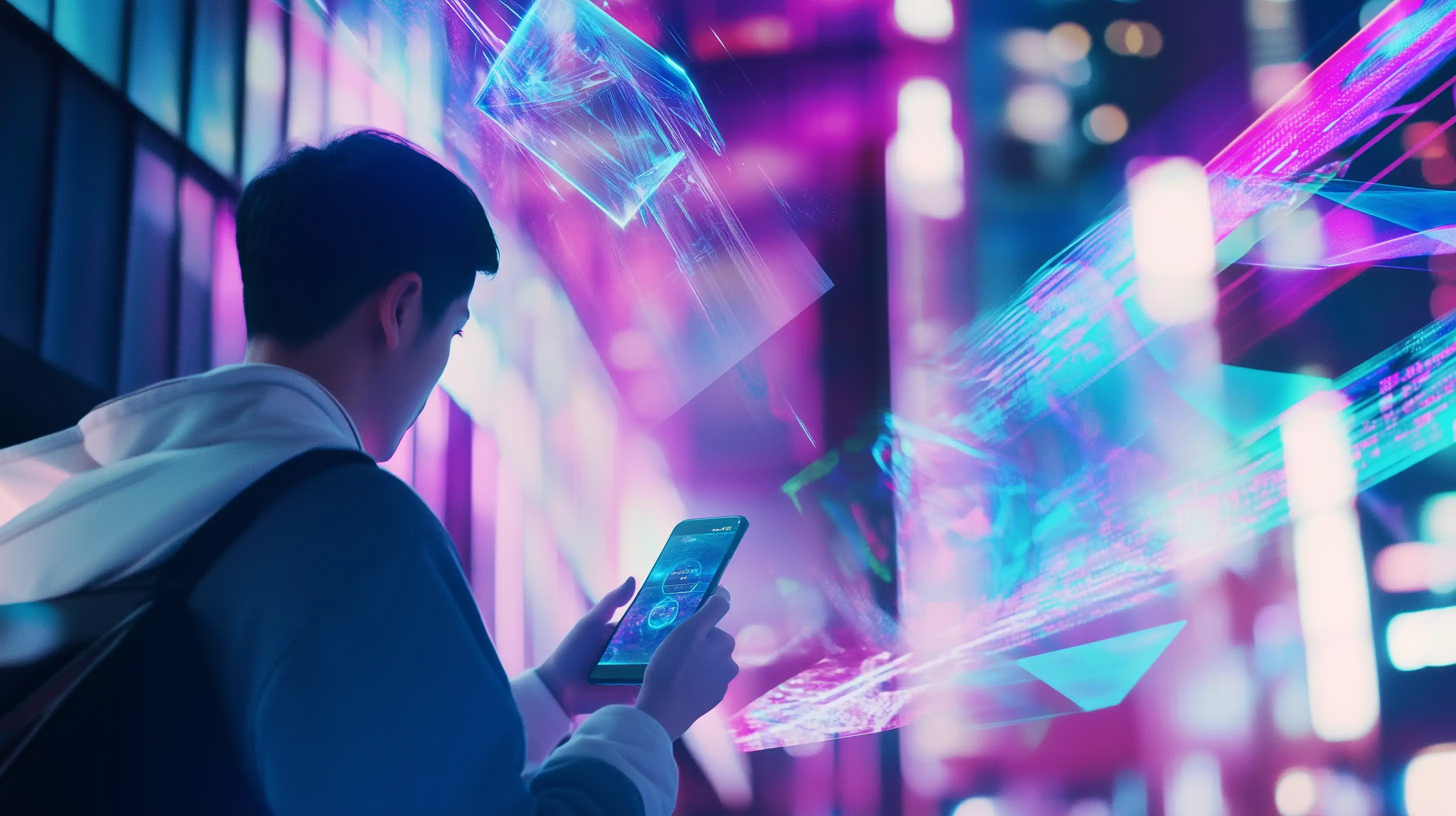 Un hombre viendo en sus smartphones interfaces digitales en realidad aumentada relacionadas con elementos arquitect&oacute;nicos