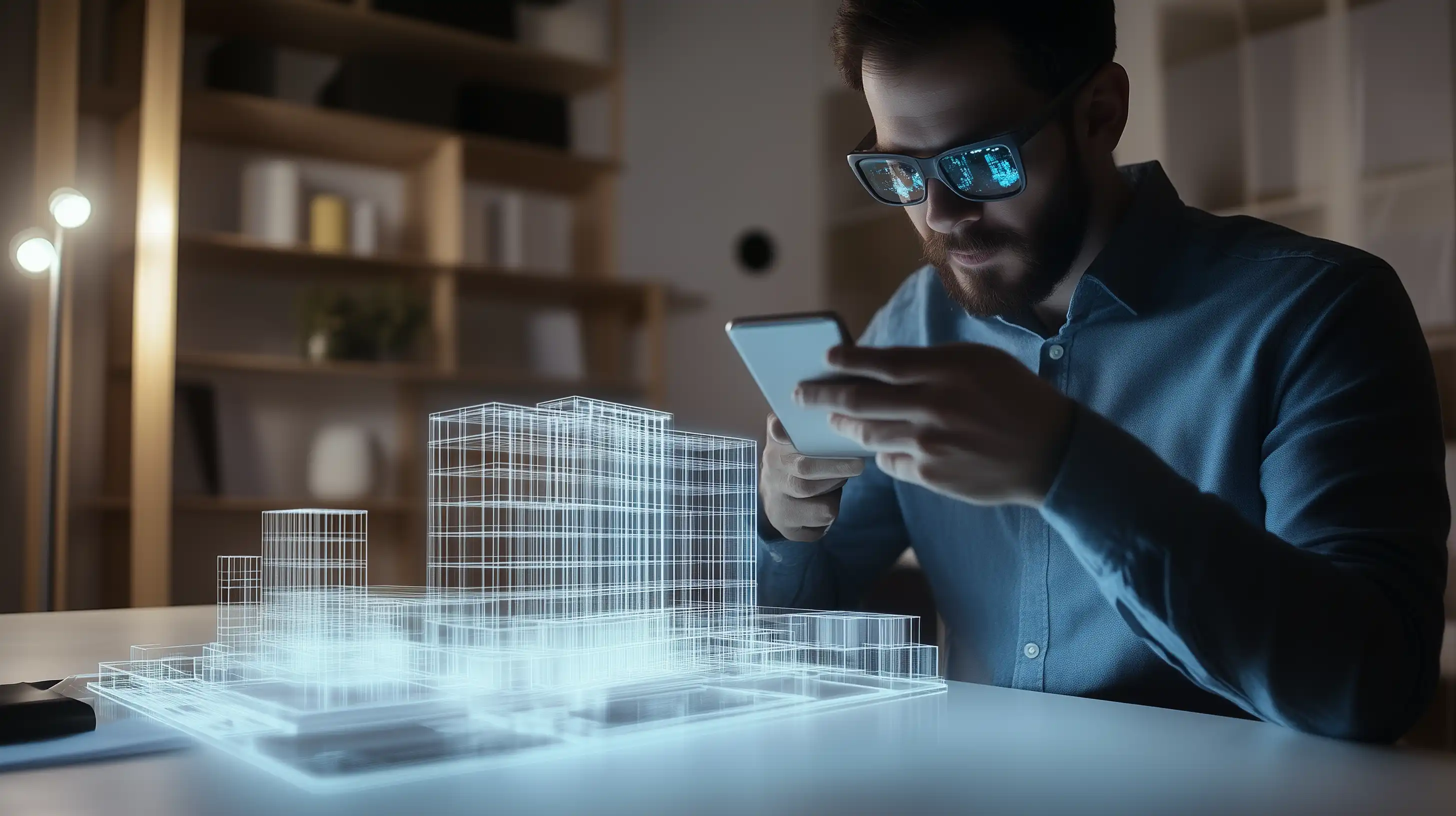 Un arquitecto en su estudio utilizando su smartphone para visualizar en realidad aumentada la maqueta virtual del edificio que est&aacute; dise&ntilde;ando