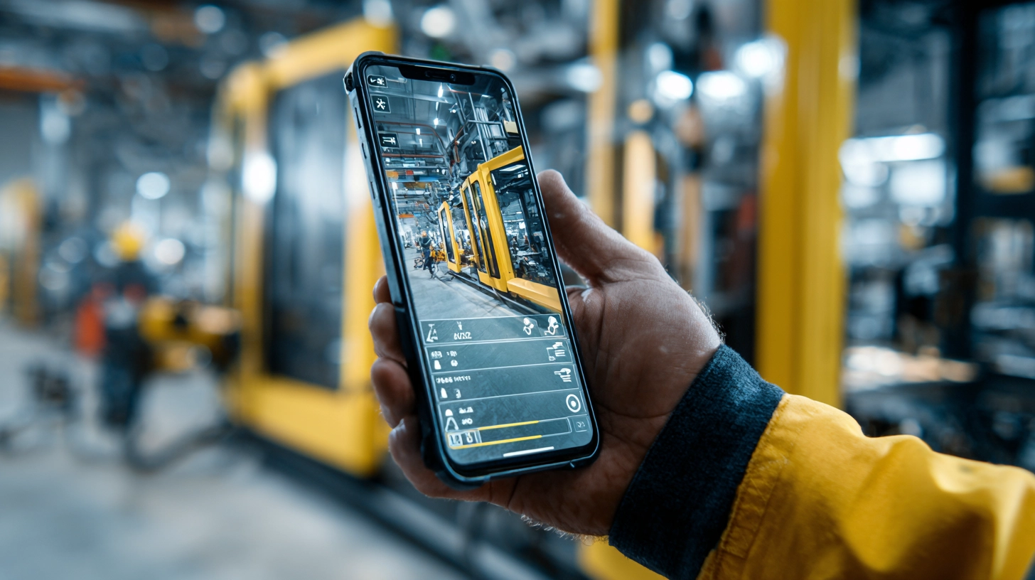 Operario de producci&oacute;n utilizando un smartphone con Realidad Aumentada en una f&aacute;brica
