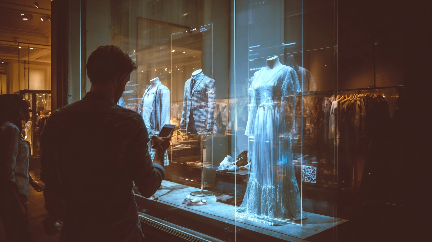 Mujer joven probándose ropa virtual mediante realidad aumentada en una tienda de moda moderna.