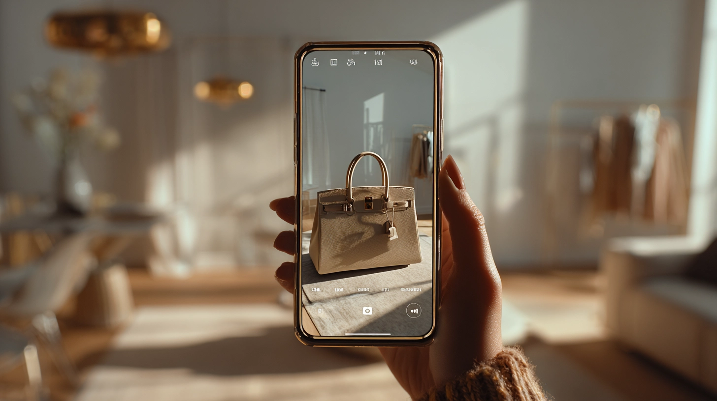 Cliente visualizando un bolso de moda con realidad aumentada en su casa mediante el m&oacute;vil.