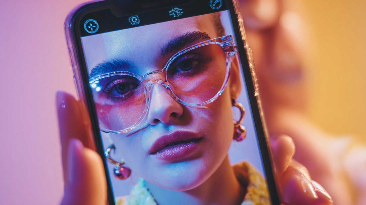 Persona utilizando un filtro de realidad aumentada en redes sociales para probar accesorios digitales como gafas y pendientes.