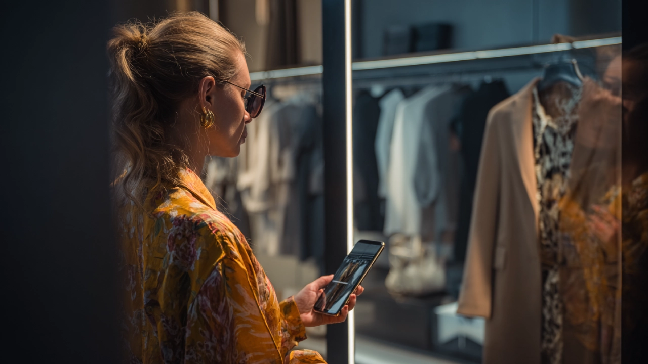 Clienta usando un smartphone en una tienda para ver diferentes tipos de ropa y prendas mediante realidad aumentada