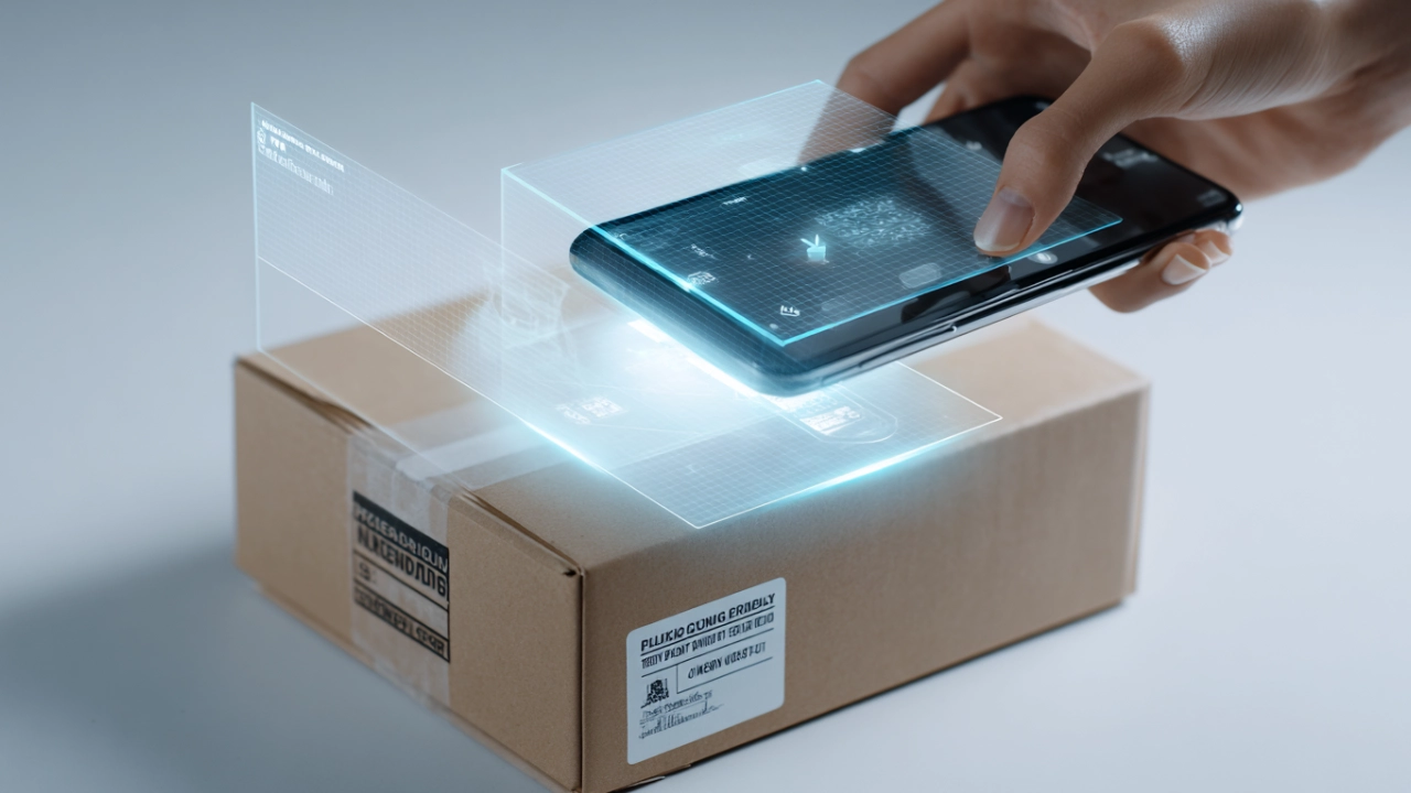 Persona utilizando su smartphone con realidad aumentada para escanear un paquete y obtener informaci&oacute;n sobre &eacute;l