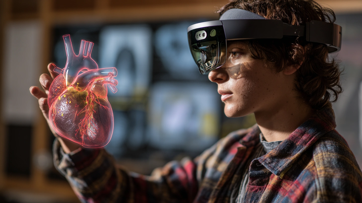 Estudiante interactuando con un modelo anatómico 3D mediante Realidad Mixta en un aula moderna.