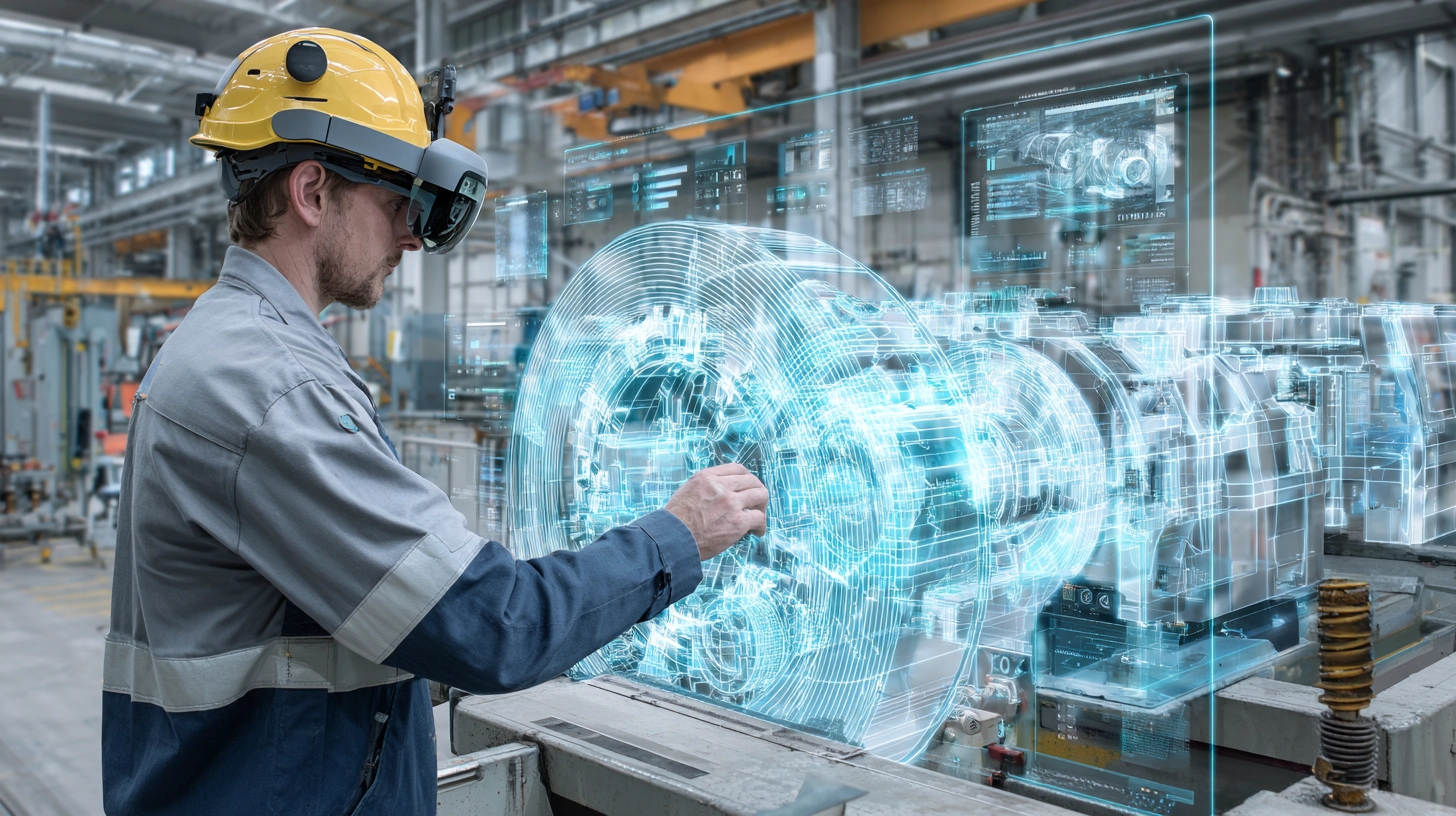 Operario en fábrica utilizando gafas de Realidad Mixta para recibir instrucciones sobre maquinaria en tiempo real.