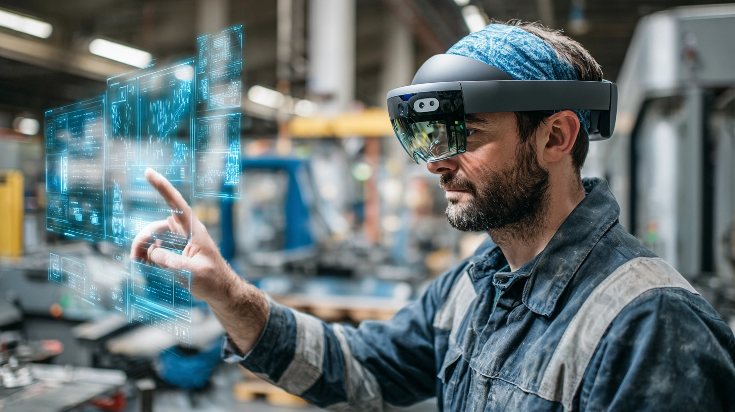 Operario en f&aacute;brica utilizando gafas de Realidad Mixta para recibir instrucciones sobre maquinaria en tiempo real.