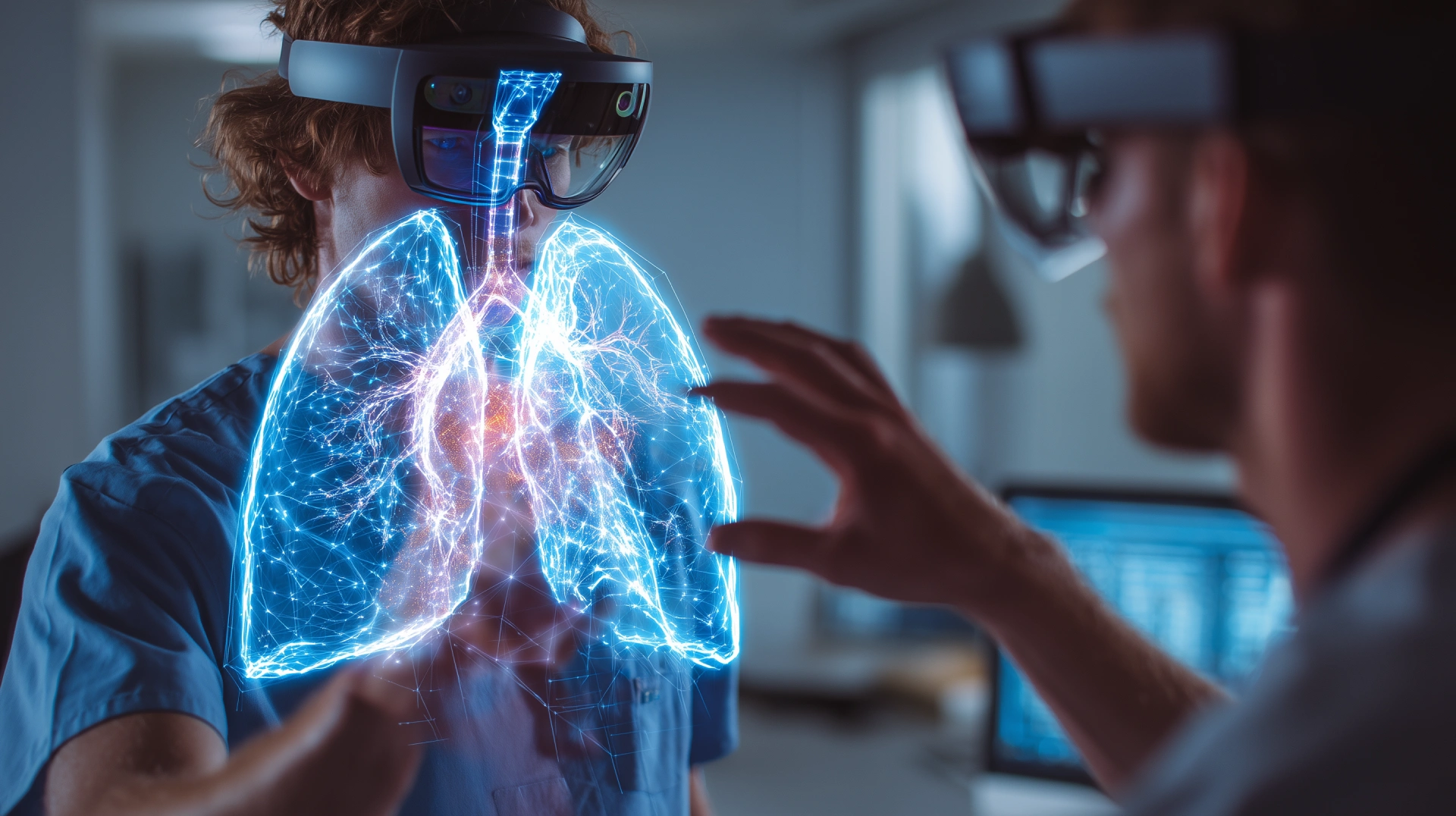 Profesionales médicos colaborando a distancia mediante Realidad Mixta con un modelo clínico compartido en tiempo real.