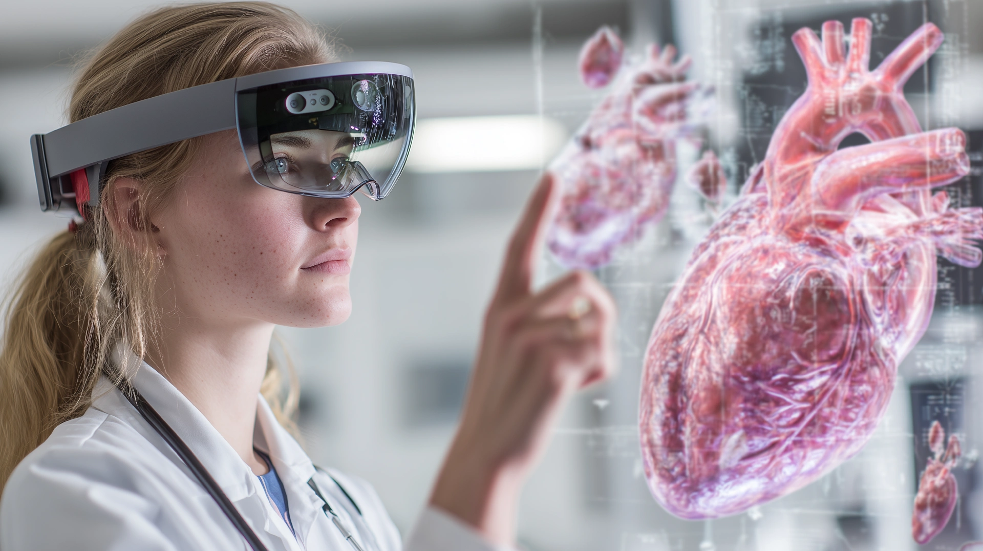 Estudiante de medicina utilizando Realidad Mixta para visualizar un modelo anat&oacute;mico 3D en un entorno de formaci&oacute;n cl&iacute;nica.