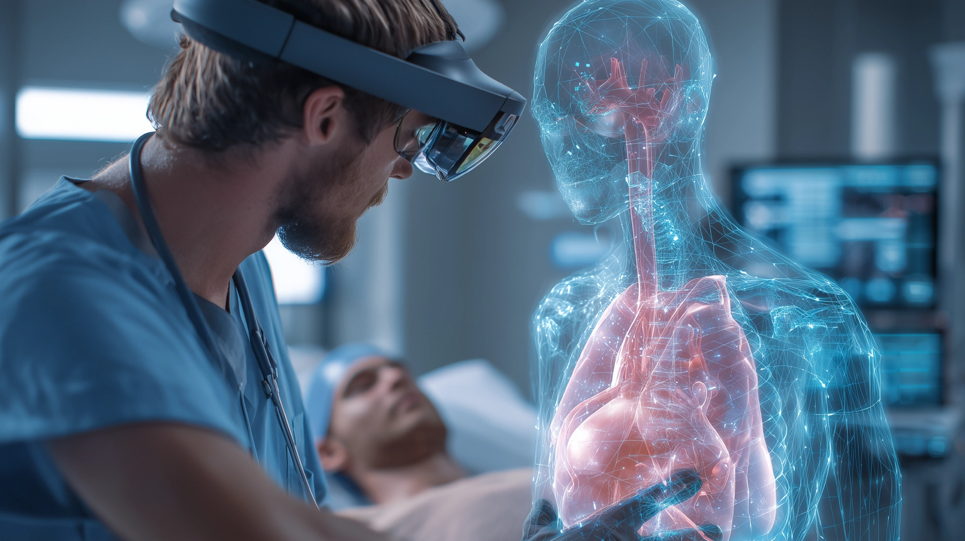 Cirujano planificando una operaci&oacute;n con Realidad Mixta, visualizando un modelo 3D sobre el cuerpo del paciente en quir&oacute;fano.