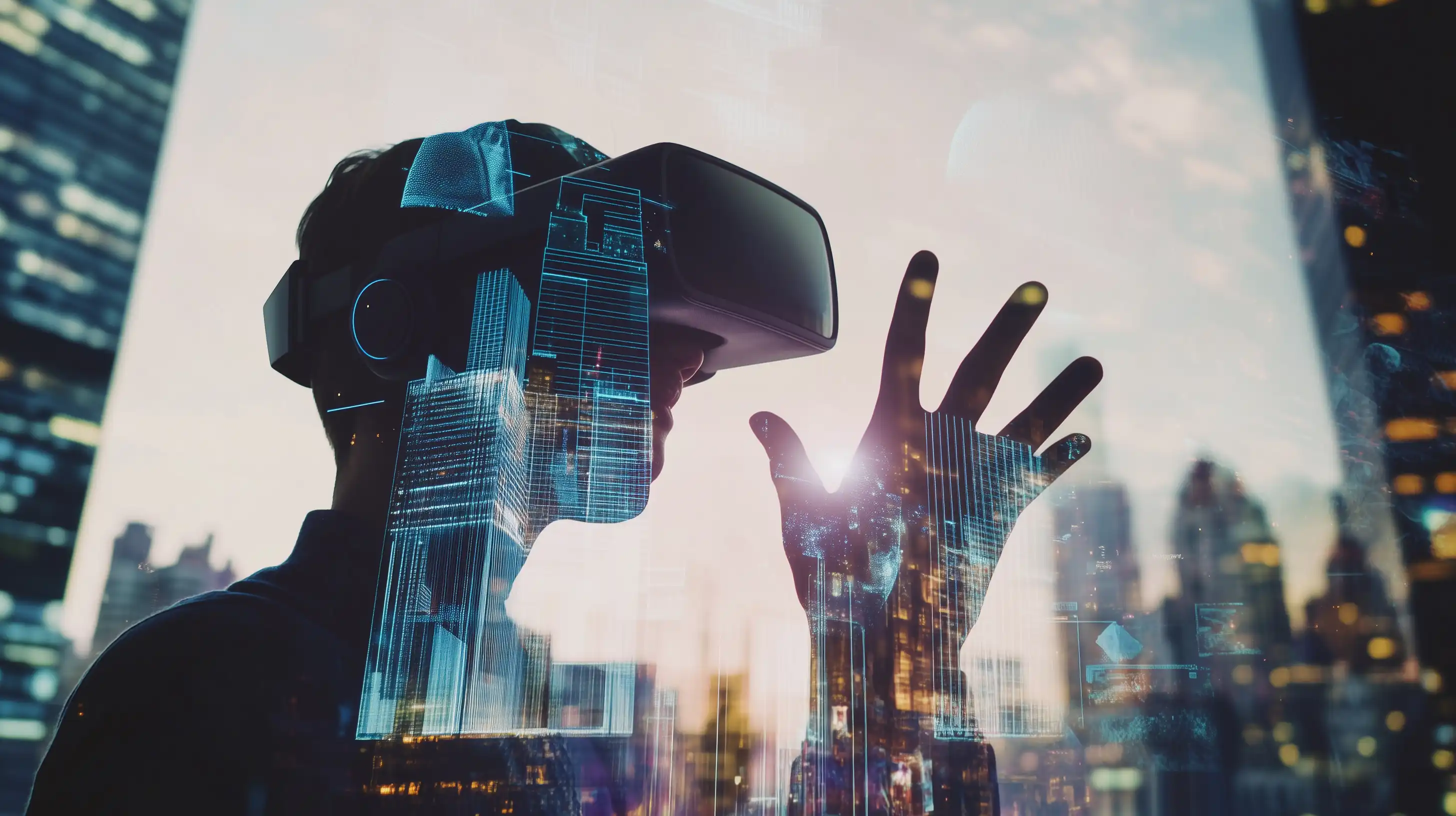 Persona usando gafas de Realidad Virtual para crear el concepto de un diseño 3D para arquitectura