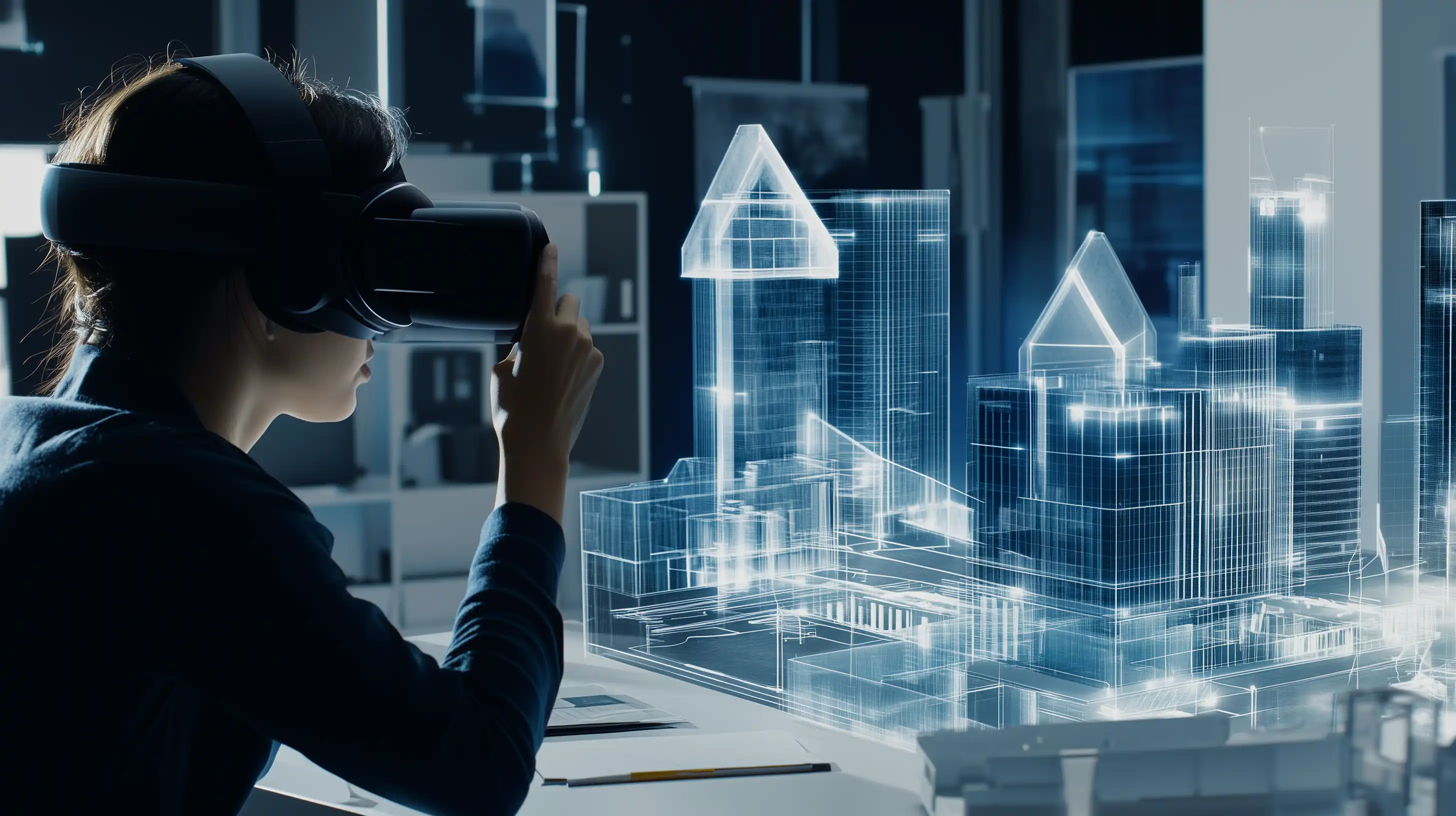 Arquitecto usando gafas de realidad virtual en el dise&ntilde;o de edificios