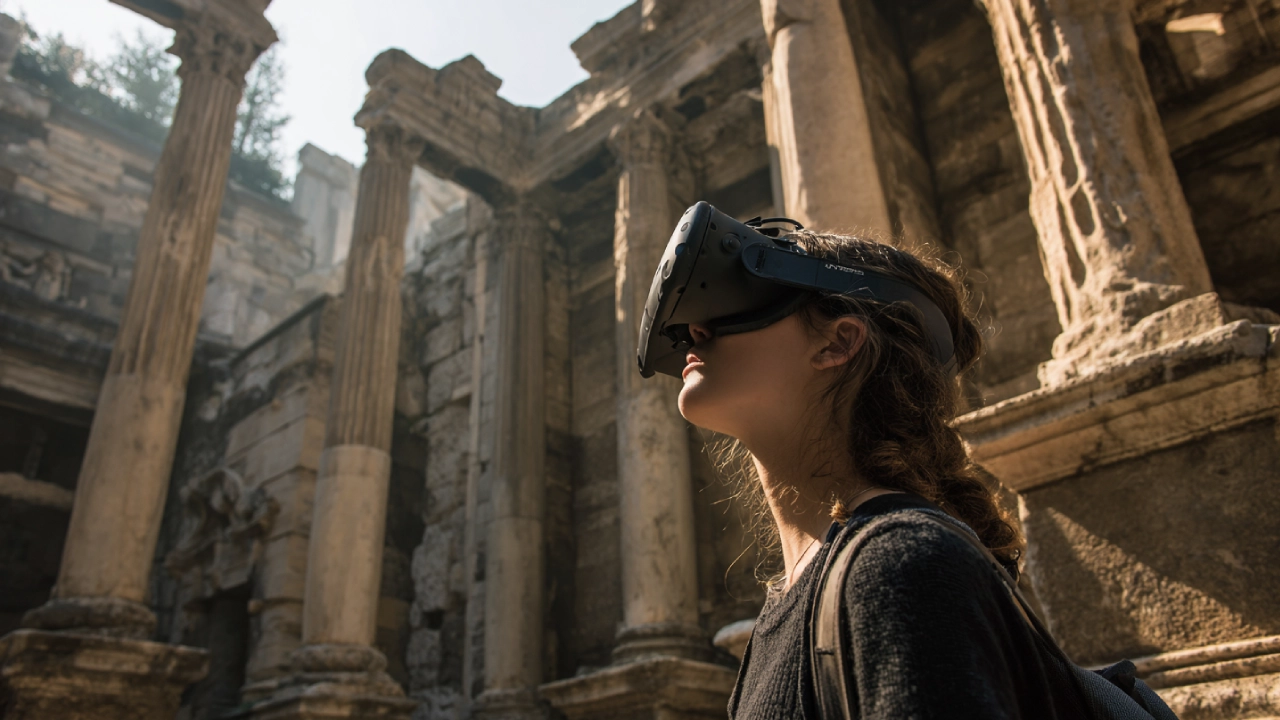Alumna usando gafas de realidad virtual para introducirse virtualmente en una reconstrucción 3D del imperio romano