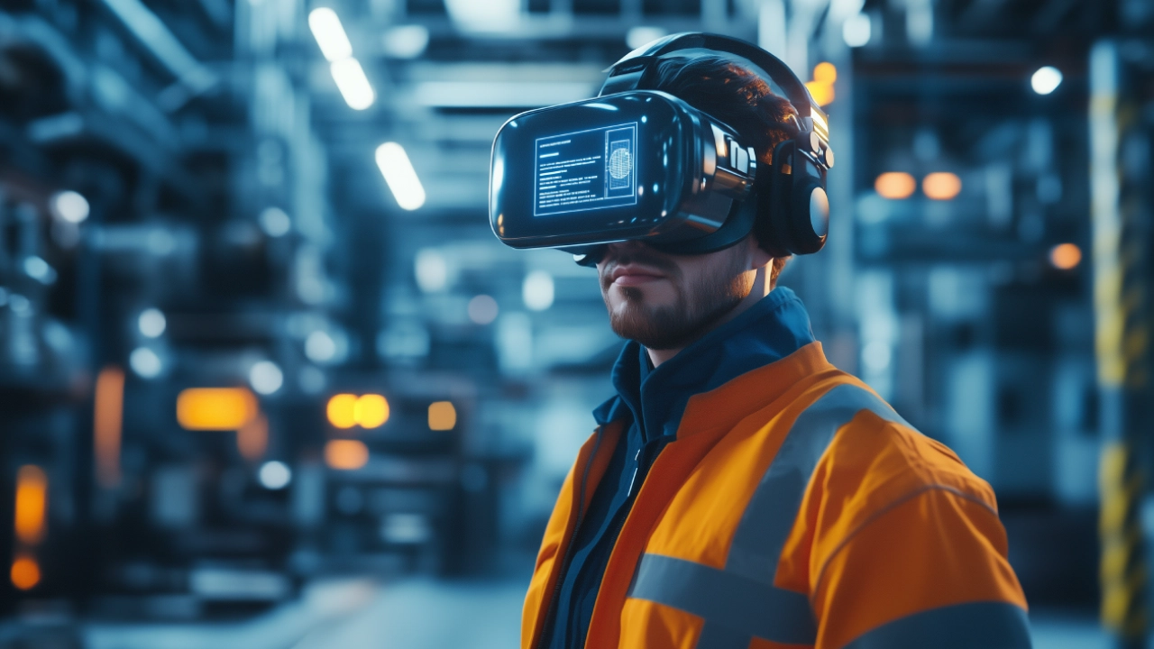 Persona usando gafas de Realidad Virtual para visualizar un entorno virtual 3D de desarrollo industrial