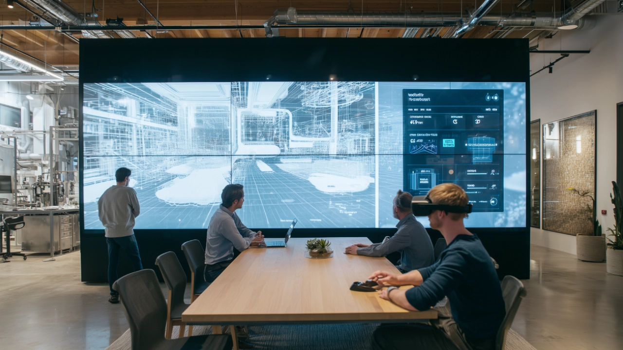 Operario industrial usando gafas de realidad virtual en el diseño y mantenimiento de plantas industriales