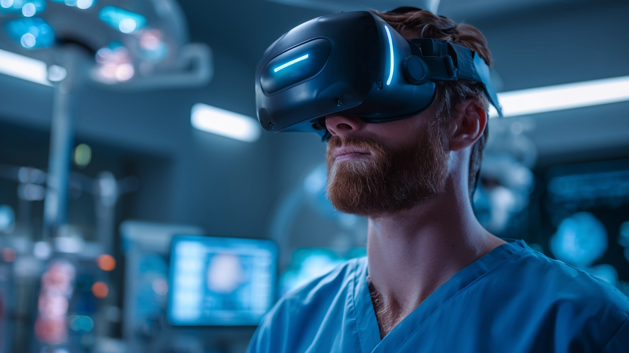 Profesional médico utilizando gafas de realidad virtual para visualizar organos humanos de forma virtual en un entorno 3D