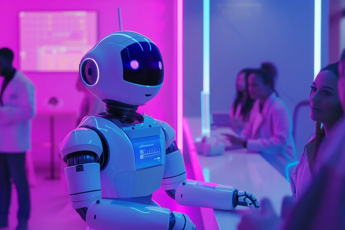 Profesional sanitario interactuando con un robot demostrador en formación clínica