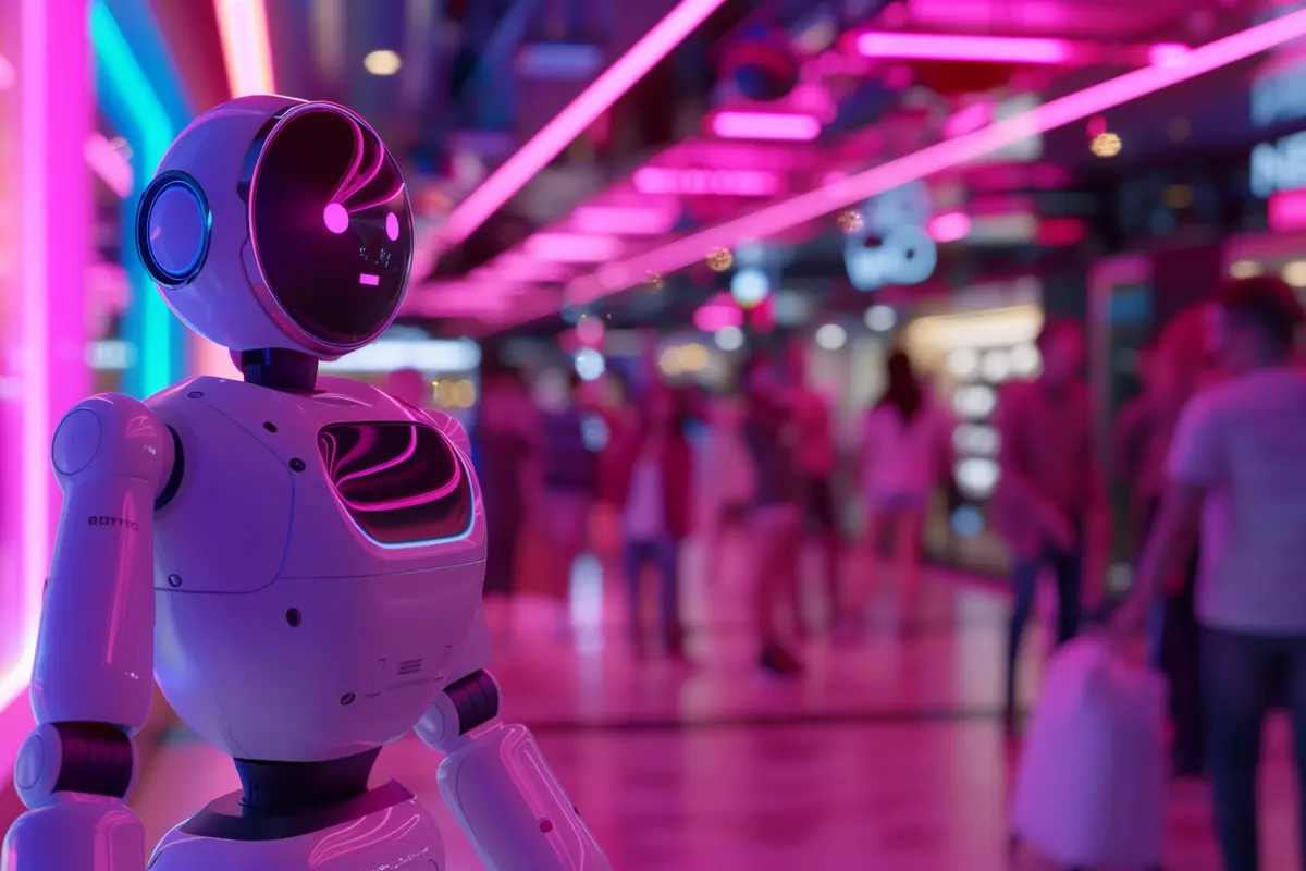 Cliente sonriendo mientras interactúa con un robot en una tienda